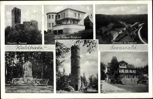 Ak Waldfriede im Soonwald Seesbach Hunsrück, Wald- u. Berghotel Waldfriede, Denkmal, Turm, Panorama