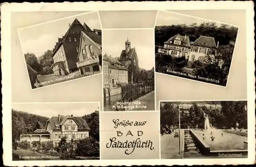 Ak Bad Salzdetfurth in Niedersachsen, Kinderheim Haus Sonnenblick, Schwimmbad, St. Georgs-Kirche