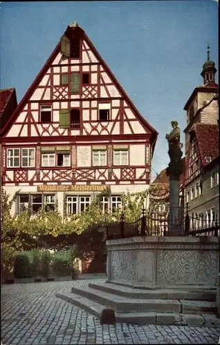 Ak Rothenburg ob der Tauber Mittelfranken, Brunnen am Kapellenplatz, Weinkeller Meistertrunk