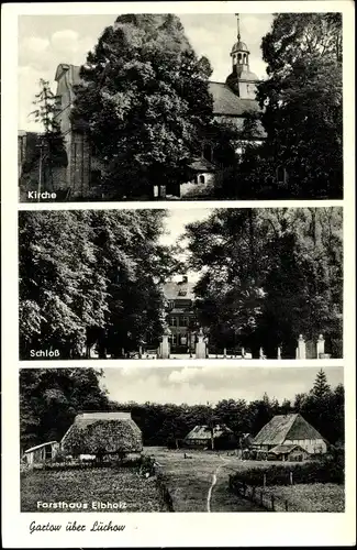 Ak Gartow in Niedersachsen, Kirche, Schloss, Forsthaus Elbholz