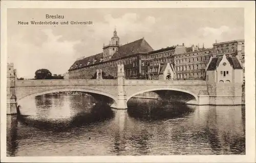 Ak Wrocław Breslau Schlesien, Neue Werderbrücke und Universität