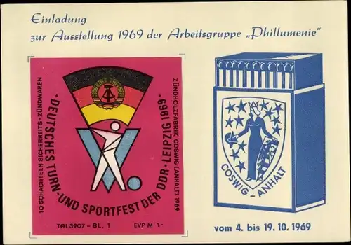 Ak Coswig in Anhalt, Einladung zur Ausstellung 1969 der Arbeitsgruppe Pillumenie, Zündhölzschachtel