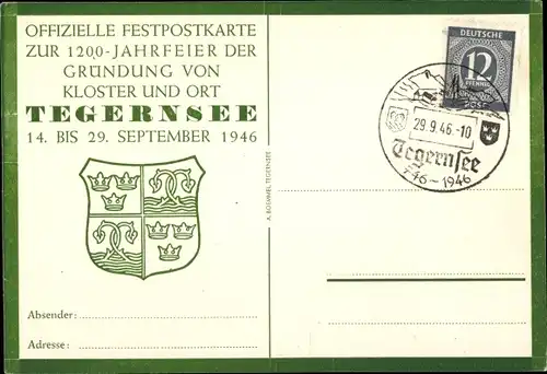 Ak Tegernsee in Oberbayern, Offiziele Festpostkarte zur 1200 Jahrfeier der Gründung v. Kloster u.Ort