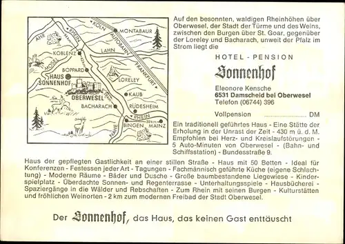 Ak Damscheid Oberwesel am Rhein, Hotel Sonnenhof, Landkarte mit Anfahrtsweg