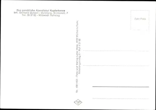 Ak Duisburg im Ruhrgebiet, Abendlokal Kupferkanne, Grabenstraße 7