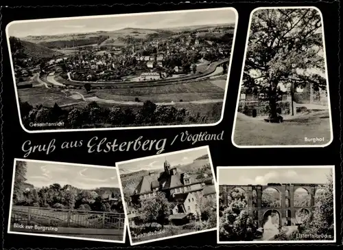 Ak Elsterberg im Vogtland, Burghof, Elstertalbrücke, Blick zur Burgruine, Zentralschule