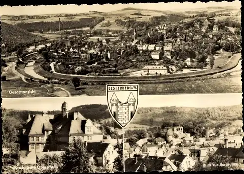 Ak Elsterberg im Vogtland, Gesamtansicht, Polytechnische Oberschule, Wappen