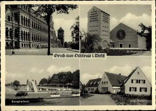 Ak Ochtrup im Münsterland, Bergfreibad, evgl. Schule, St. Marienkirche, Verw. Gebr. Laurenz