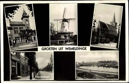 Ak Wemeldinge Zeeland Niederlande, Ned. Herv. Kerk, Sluizen, Molen, Gemeentehuis, Dorpsstraat