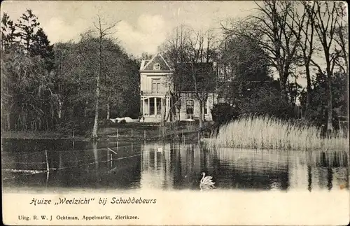 Ak Schuddebeurs Schouwen Duiveland Zeeland, Huize Weelzicht, Teich, Schwan