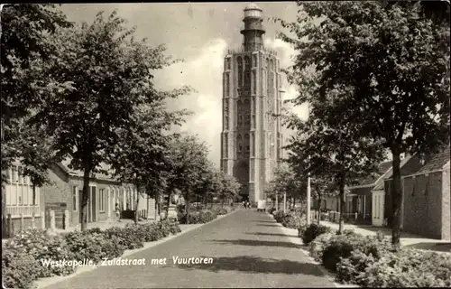 Ak Westkapelle Walcheren Zeeland, Zuidstraat met Vuurtoren