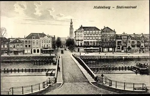 Ak Middelburg Zeeland Niederlande, Stationsstraat, Brücke