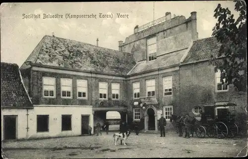 Ak Veere Zeeland Niederlande, Societeit Belvedere, Kampveersche Toren, Kutsche, Hund