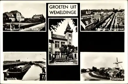 Ak Wemeldinge Zeeland Niederlande, Dorpstraat, Bonzijweg, Windmühle, Oostsluig, Vrede-Best, Kerk