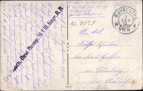 Ak Stempel Deutsche Feldpost 1. WK, Bayreuth, Ers. Masch. Gew. Komp. No. 1 III. Bayr. A.K.