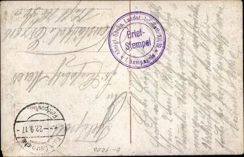 Ak Stempel Deutsche Feldpost 1. WK, Königl. Sächs. Landst. inf. Batl. XII, 19, 1. Kompagnie