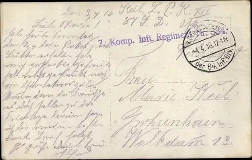 Ak Stempel Deutsche Feldpost 1. WK, 84. Inf. Div., 7. Komp. Inft. Regiment Nr. 334