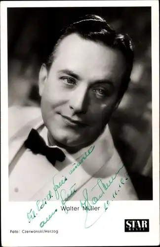 Ak Schauspieler Walter Müller, Portrait, Fliege, Autogramm