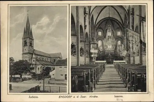 Ak Ensdorf a.d. Saar, Äußeres und Inneres der Kirche, Leuchter