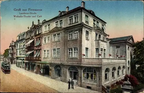 Ak Pirmasens am Pfälzerwald, Landauer Straße, Walhalla Theater, Cafe, Straßenbahn