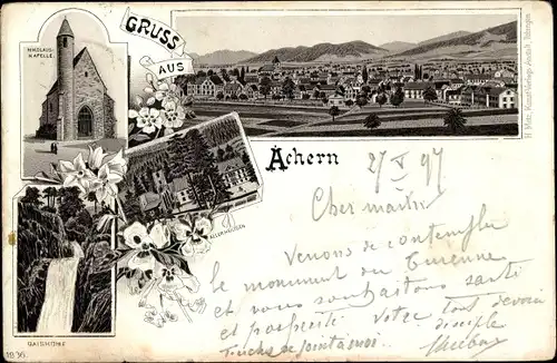 Litho Achern in Baden Schwarzwald, Nikolaus Kapelle, Allerheiligen, Gesamtansicht