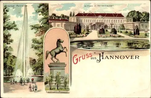 Litho Herrenhausen Hannover in Niedersachsen, Schloss, Große Fontäne, Sachsenross