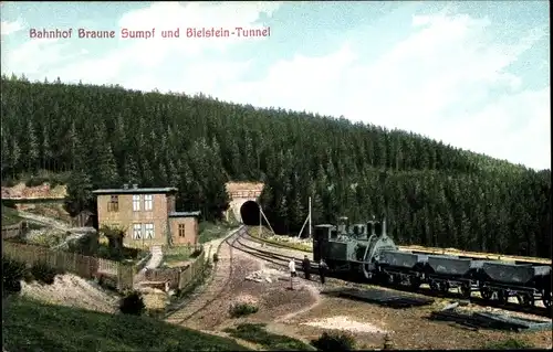 Ak Blankenburg am Harz, Bahnhof Braune Sumpf und Bielsteintunnel, Harz Zahnradbahn