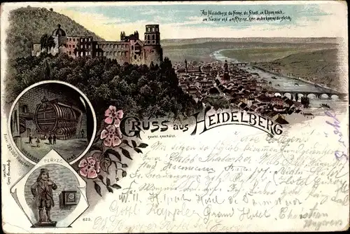 Litho Heidelberg am Neckar, Panorama, Das Große Fass, Perkeo