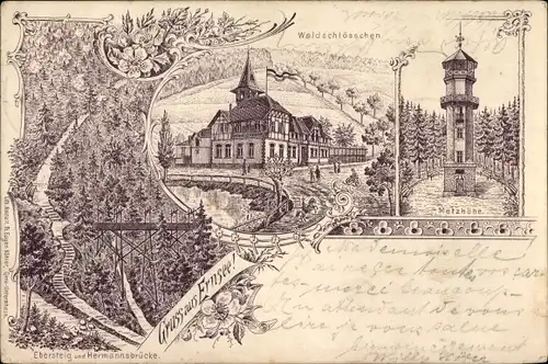 Litho Ernsee Gera in Thüringen, Waldschlösschen, Metzhöhe, Ebersteig und Hermannsbrücke