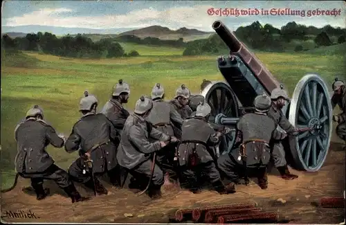 Künstler Ak Mailick, Deutsches Geschütz wird in Stellung gebracht, 1. WK