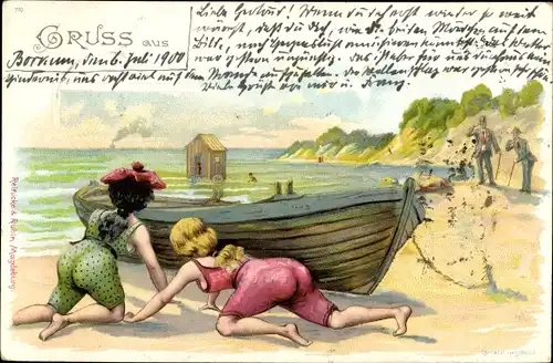Litho Frauen in Bademoden verstecken sich hinter Boot am Strand, gaffende Männer