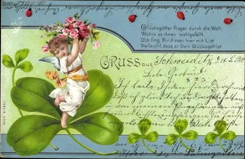 Litho Glücksgötter fliegen durch die Welt, Engel, Kleeblätter