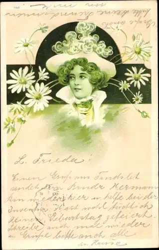 Litho Frauenportrait, Blumen, Margeriten