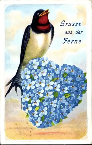 Präge Ak Grüße aus der Ferne, Rauchschwalbe mit Vergissmeinnicht, Blumen, Herz