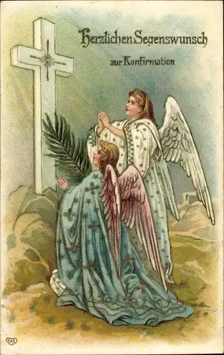 Präge Ak Glückwunsch Konfirmation, betende Engel, Kreuz