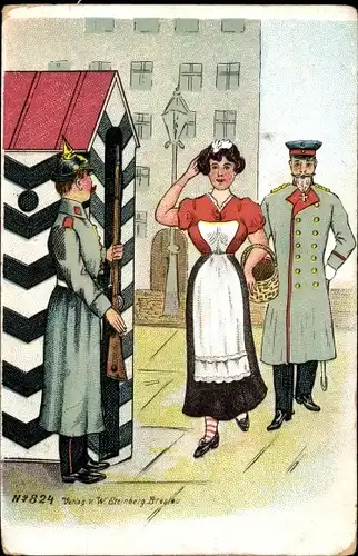 Ak Soldat auf Wachposten, Dienstmädchen salutiert