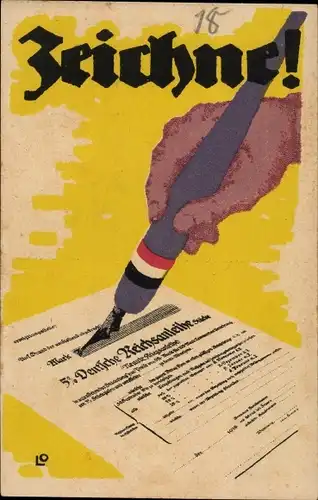 Ak Zeichne!, 5. Deutsche Reichsanleihe, Hand mit Federhalter