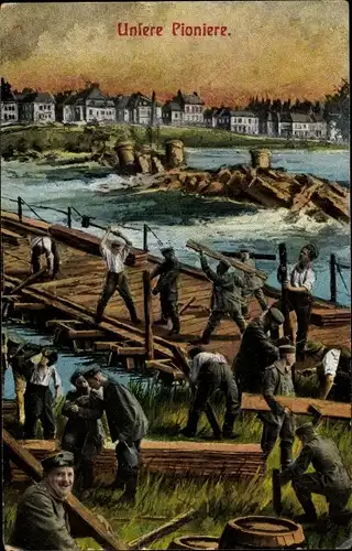 Ak Deutsche Pioniere, Soldaten beim Brückenbau