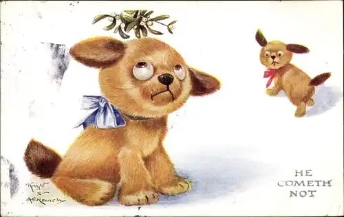 Künstler Ak Knight & Kennedy, He Cometh Not, Hunde, Mistelweige