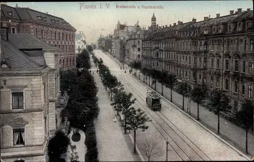 Ak Plauen im Vogtland, Breitestraße und Carolastraße, Straßenbahn