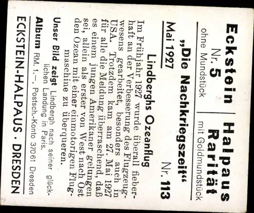 Sammelbild Nachkriegszeit Nr. 113 Mai 1927 Lindberghs Ozeanflug, nach Landung in Paris
