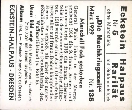 Sammelbild Nachkriegszeit Nr. 135 März 1929 französischer Marschall Foch gestorben