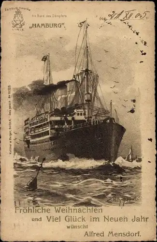 Künstler Ak Stöwer, Willy, Dampfer Hamburg der HAPAG, Hamburg Amerika Linie, Alfred Mensdorf