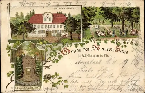 Litho Mühlhausen in Thüringen, Gaststätte Weißes Haus, Hirschplatz, Denkmal K. W. Osterwald