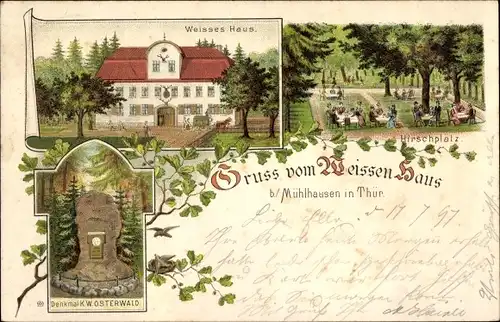 Litho Mühlhausen in Thüringen, Gaststätte Weißes Haus, Hirschplatz, Denkmal K. W. Osterwald