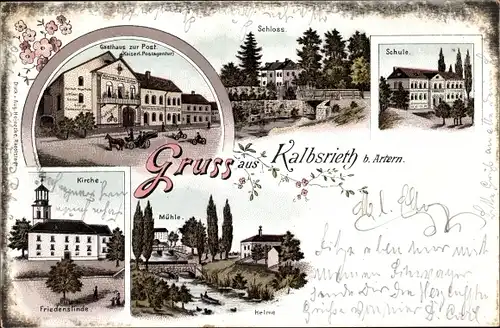 Litho Kalbsrieth im Kyffhäuserkreis, Schloss, Gasthaus zur Post, Kirche, Schule