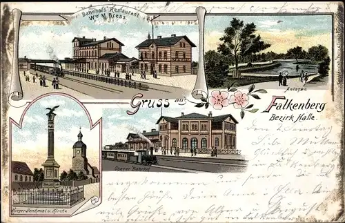 Litho Falkenberg an der Elster, Bahnhof, Bahnhofsrestaurant M. Bress, Kriegerdenkmal, Kirche