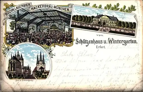 Litho Erfurt in Thüringen, Schützenhaus und Wintergarten, Dom und Severikirche, Hackerbräu München
