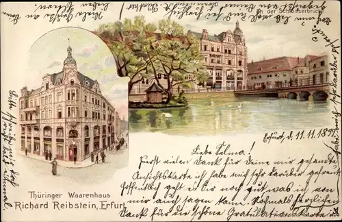 Litho Erfurt in Thüringen, Thüringer Warenhaus Richard Reibstein, Schlosserbrücke