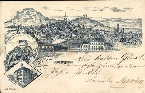 Litho Gudensberg in Hessen, Rathaus, Wenigenburg v. d. Oberenburg, Bahnhof, Blick auf den Ort